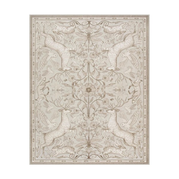 Modern Woodland Animal Deer Botanical Washable Non Slip Beige 8 ft. x 10 ft. Living Room Bedroom Kids Room Area Rug