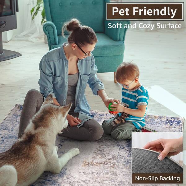 Sorbus - 5x7 FT Blue Area Rug, Machine Washable, Non-Slip, Vintage Rug-Low Pile Non-Shedding Area Rugs with Rubber Backing