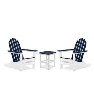 Icon White and Navy Recycled Plastic Folding Adirondack Chair with Side Table (2-Pack)