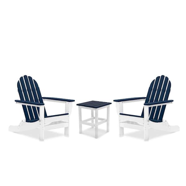 DUROGREEN Icon White and Navy Recycled Plastic Folding Adirondack Chair with Side Table (2-Pack)
