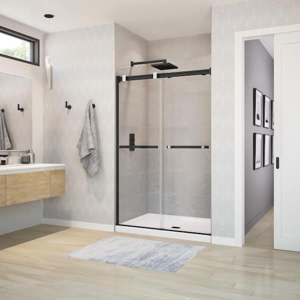Duel 44-47 x 70 ½-74 in. 8 mm Frameless Shower Door for Alcove Installation with Clear glass in Matte Black & Chrome