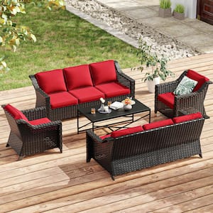 5-Piece Wicker Patio Furniture Set and Chairs with Red Cushions and Black Steel Table