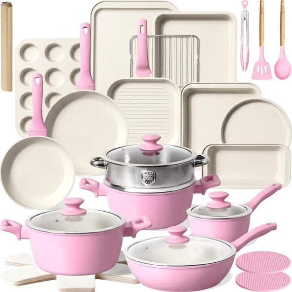 31 Piece Nonstick Cookware Set, Aluminum Carbon Steel Kitchen Cooking Pots Pans Set with Bakeware and Utensils, Pink