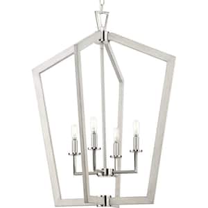 Galloway 4-Light 30 in. Brushed Nickel Modern Farmhouse Foyer Light with Grey Washed Oak Accents