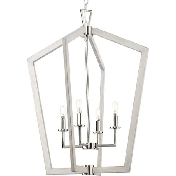Progress Lighting Galloway 4-Light 30 in. Brushed Nickel Modern Farmhouse Foyer Light with Grey Washed Oak Accents
