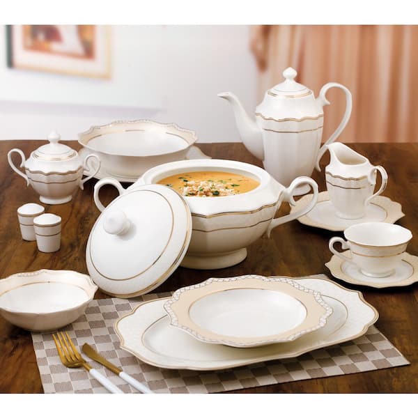 Lorren Home Trends Grace Series 12 in. x 8.5 in. x 7 in. 4 Qt. 128 fl. oz.  Gold Bone China Soup Tureen Serving Bowl with Lid (Set of 2) S-23 - The  Home Depot