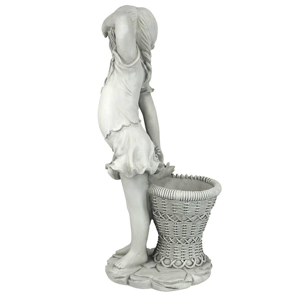 Off-White Resin Flower Girl Garden Statue with Wicker Planter