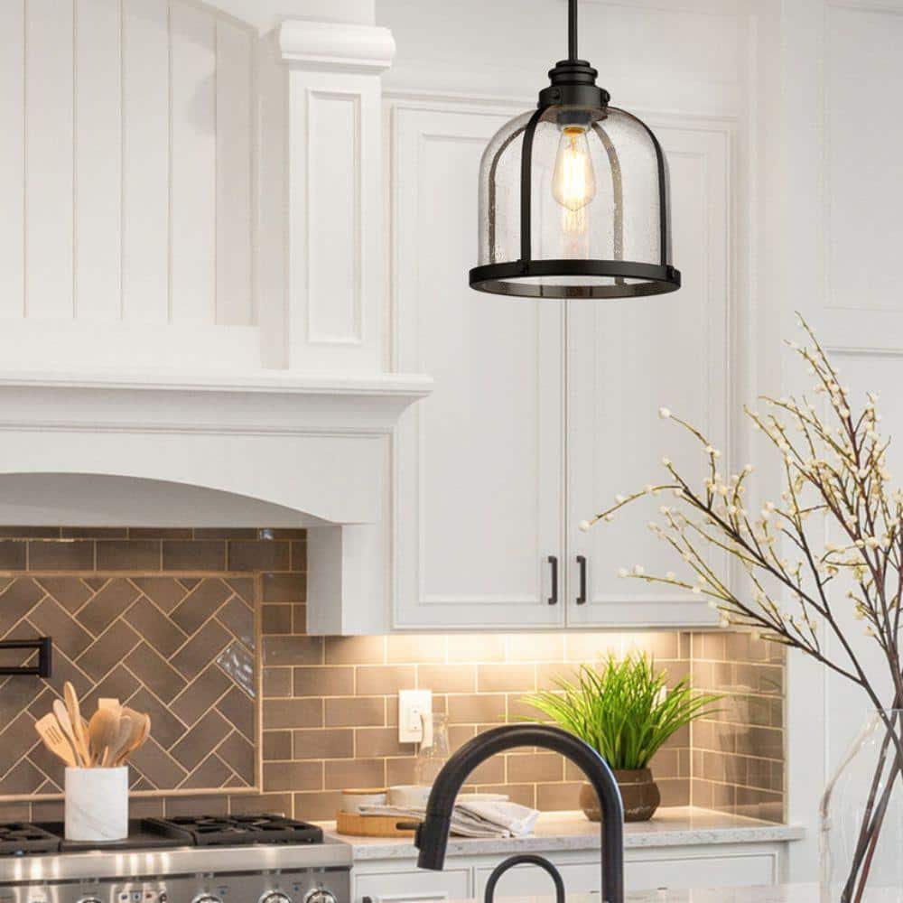 Matte Black and Seedy Glass Industrial Pendant Light