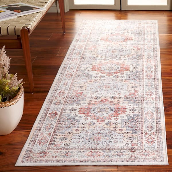 Arizona Rust/Light Blue 3 ft. x 8 ft. Distressed Border Ornate Machine Washable Runner Rug