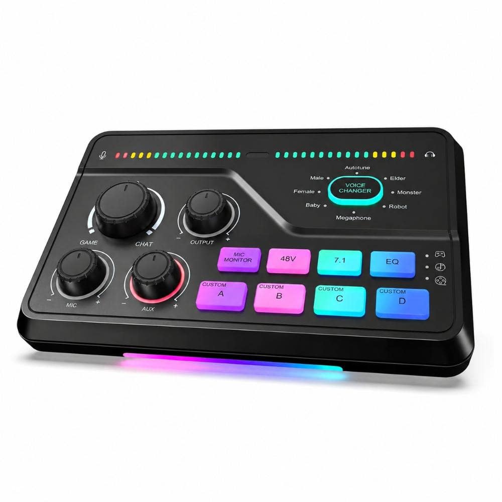 Gaming Audio Mixer with 7.1 Channel Surround Sound Headphone Amp Volume Control Voice Changer RGB Black