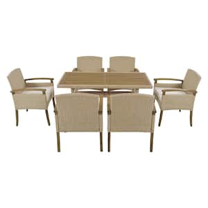 Brown 7-Piece Wood Patio PE Rattan Outdoor Dining Set with White Cushion