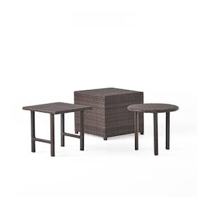 3 Pcs Outdoor Rattan Wicker Brown Multi Side Table Sets with Cube Ottoman, Square-top Table, and Circle-top Table