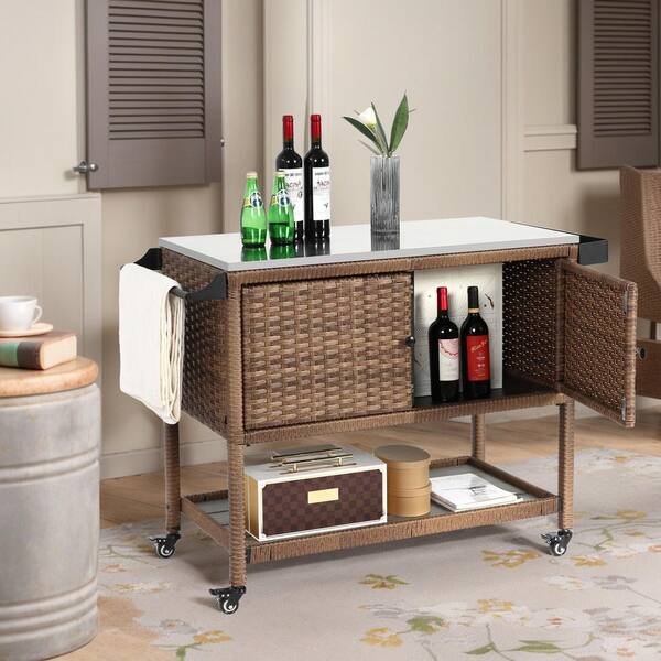 47 in. W Brown Wicker Outdoor Grill Cart with Stainless Steel Top, Wine Glass Rack, Bottle Opener and Wheels