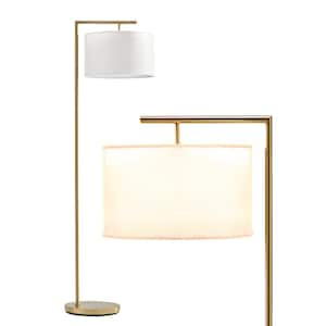 Montage Modern 60 in. Antique Brass Modern 1-Light LED Energy Efficient Floor Lamp with White Fabric Drum Shade