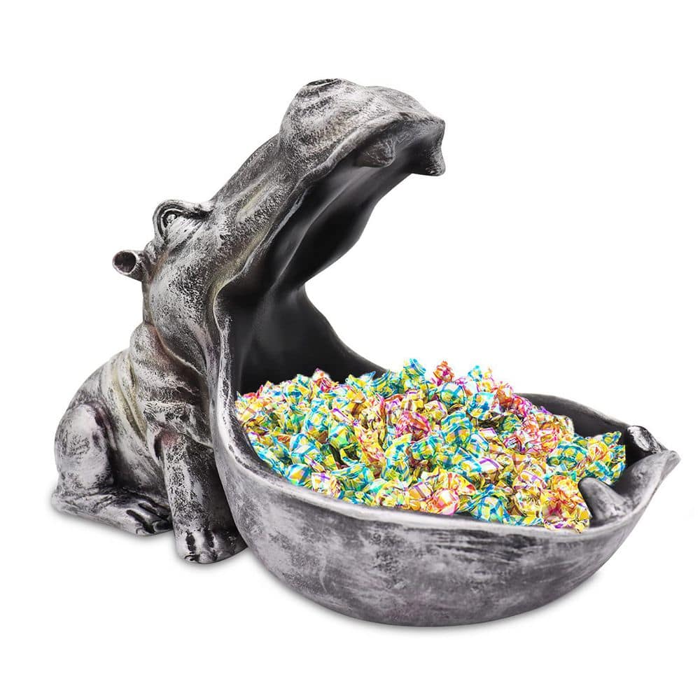 11.8 in. x 6.5 in. x 8.7 in. Gray Hippo Statue Resin Decorative Bowl, Conta