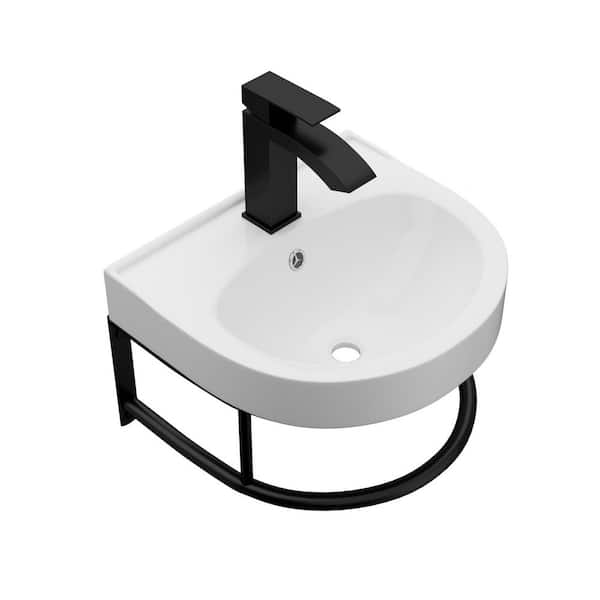 16 in Ceramic Wall-Mounted Semi-Circular Bathroom Sink in White with Black Towel Bar and Black Faucet