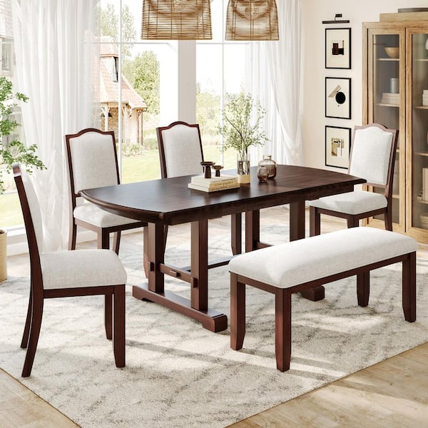 Harper & Bright Designs 6-Piece Cherry Rectangle Wood Top Dining Table Set Seats 6 with Extendable Table, 4 Linen Upholstered Chairs and Bench