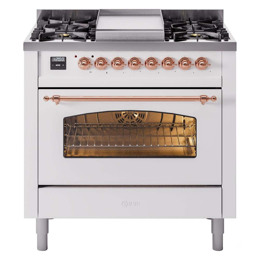 Nostalgie II 36 in. 6 Burner+Griddle Freestanding Dual Fuel Natural Gas Range in White with Copper Trim -  ILVE, UP36FNMPWHP