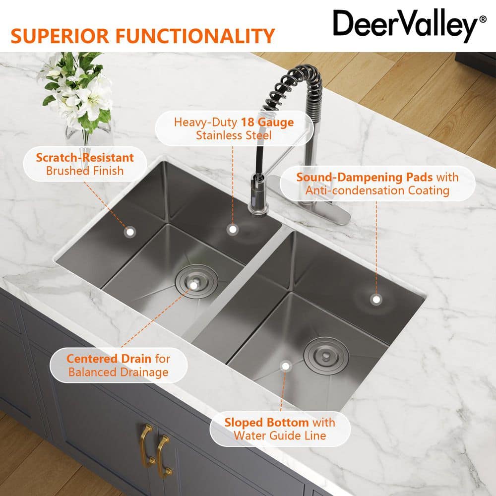 DeerValley 33'' Stainless Steel Double Bowl Undermount Kitchen Sink