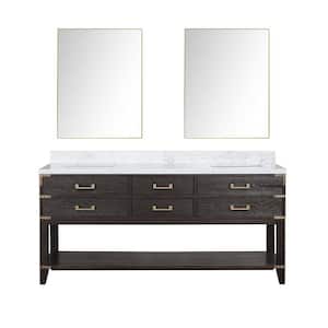 Irvington 72 in W x 22 in D Brown Oak Double Bath Vanity, Carrara Marble Top, and 34 in Mirrors