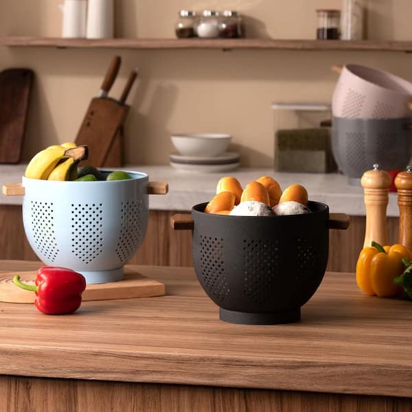 5.5 qt. Black Metal Colander with Wood Handle and Stable Base, Kitchen Strainer Basket for Draining Pasta, Vegetable