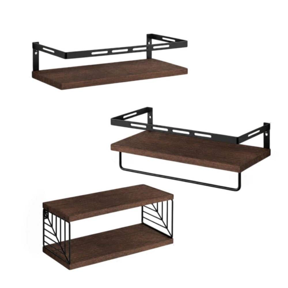 3-Piece 15.8 in. x 3 in. x 5.9 in. Wood Rectangular Bathroom Shelf in Dark Brown with Towel Bar, Floating Shelves
