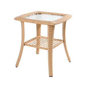Outdoor PE Beige Rattan Patio Side Table with 5mm Tempered Glass Top