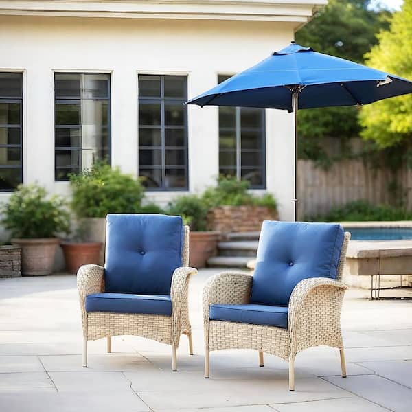 Light Beige 2-Piece Wicker Patio Conversation Sectional Seating Set with Blue Cushion