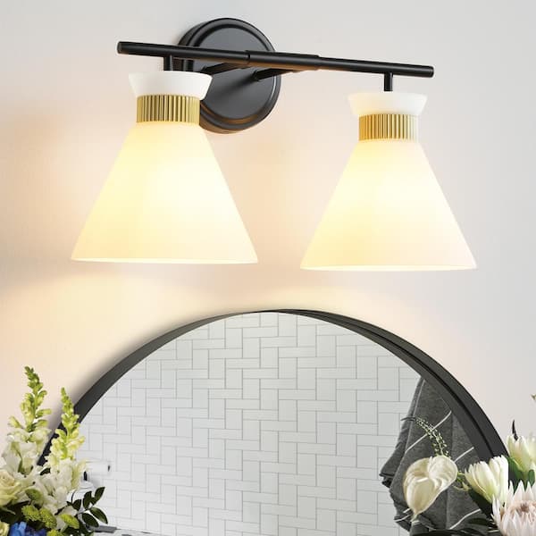 KAISITE 17.3 in. 2-Light Black and Gold Vanity Light with Milk White Glass Shade Modern Bathroom Light Fixture
