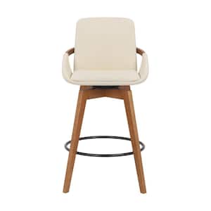 26 in. Luxurious Cream and Walnut Faux Leather Swivel Bar Stool