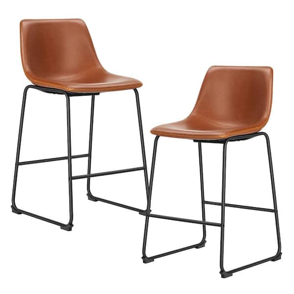 FIRNEWST 26 in. Brown Low Back Metal Frame Counter Height Bar Stool with Faux Leather Seat (Set of 2)