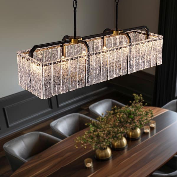 39 in. Modern 6-Light Rectangle Black Crystal Chandelier for Dinning Room