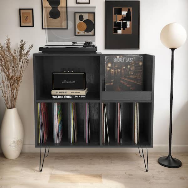 CorLiving Vintora Black Large Open Shelved Turntable Stand