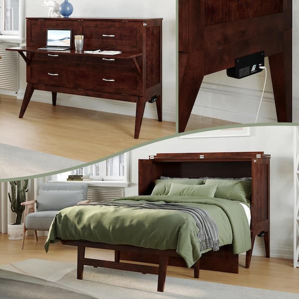 AFI Northampton Walnut Solid Wood Frame Full Size Murphy Bed Desk with Mattress