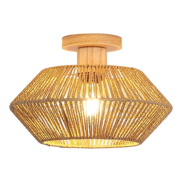 ADSENSTY 12.6 in. 1-Light Bohemian Woven Rattan Semi-Flush Mount Ceiling Light