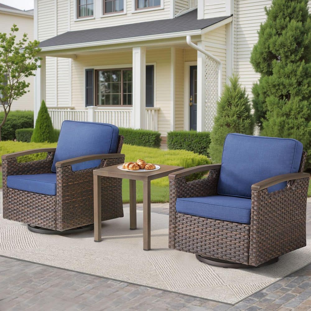 3-Piece Brown Wicker Outdoor Rocking Chair Set with Swivel Glider, Patio Lounge Chair with Blue Cushions price history on PriceWatchPro
