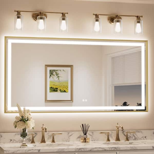 60 in. W x 30 in. H Rectangular Framed LED Lighted Bathroom Vanity Mirror with Light in Gold with Backlit and Anti-Fog