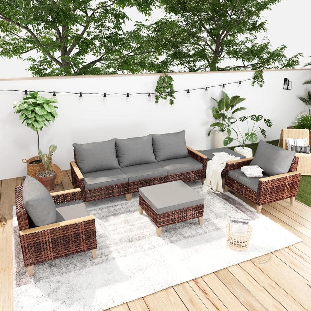 High-Legged 7-Pieces Brown Wicker Outdoor Sectional Set with Ottomans and G
