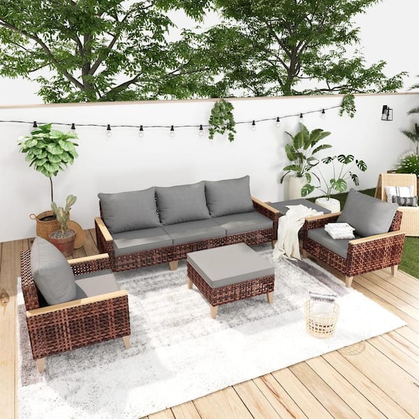 Unbranded High-Legged 7-Pieces Brown Wicker Outdoor Sectional Set with Ottomans and Gray Cushions