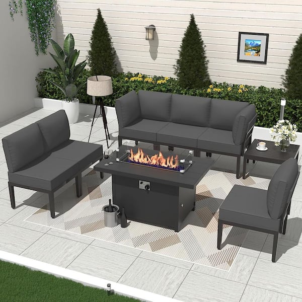Halmuz 8-Piece Metal Patio Conversation Set with 55000 BTU Gas Fire Pit Table and Glass Coffee Table and Grey Cushions