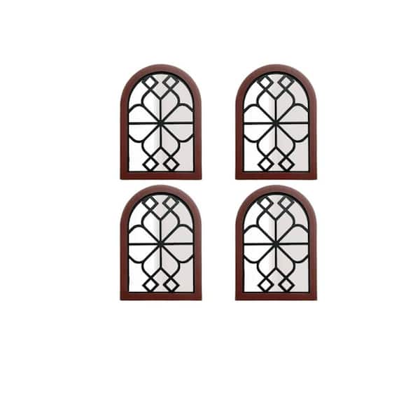 Unbranded 4-Piece Light Brown 13.7 in W x 9.8 in. H Farmhouse Rectangle Wood Framed Mirror, Arched Window Mirror Wall Decor