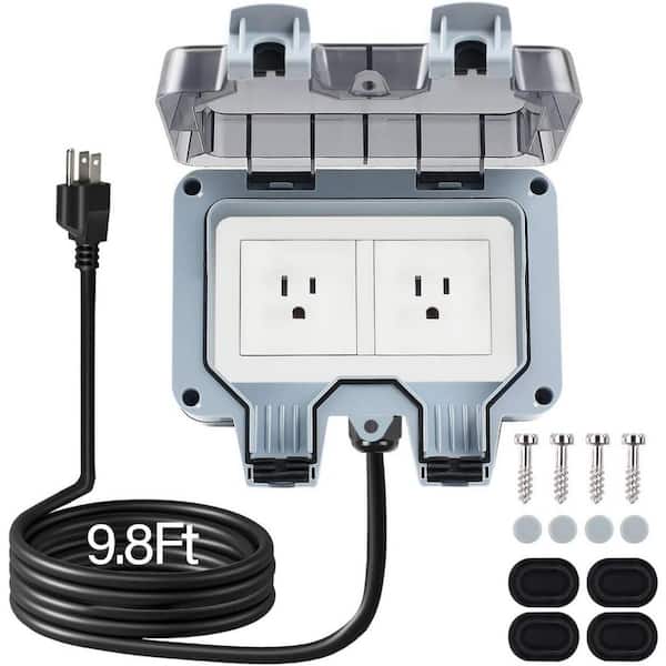 2-Outlet Outdoor Double Plug Extender with 9.8 ft. Extension Cord and Cover-Electrical Outlet Box in Gray