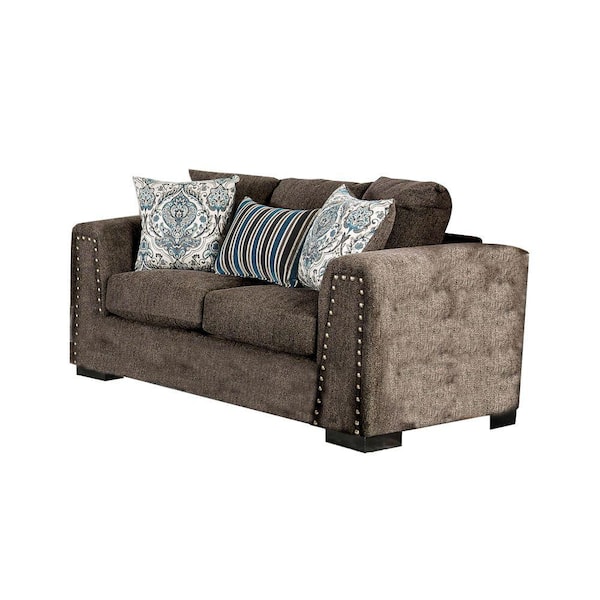 Benjara 37 in. Brown Solid Fabric 2-Seater Loveseat with Nailhead Trim