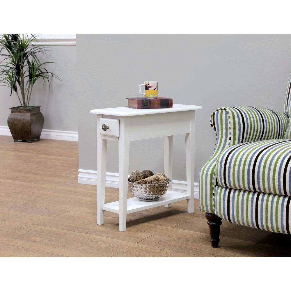 Off-White Wood Narrow Side Table with Drawer and Shelf