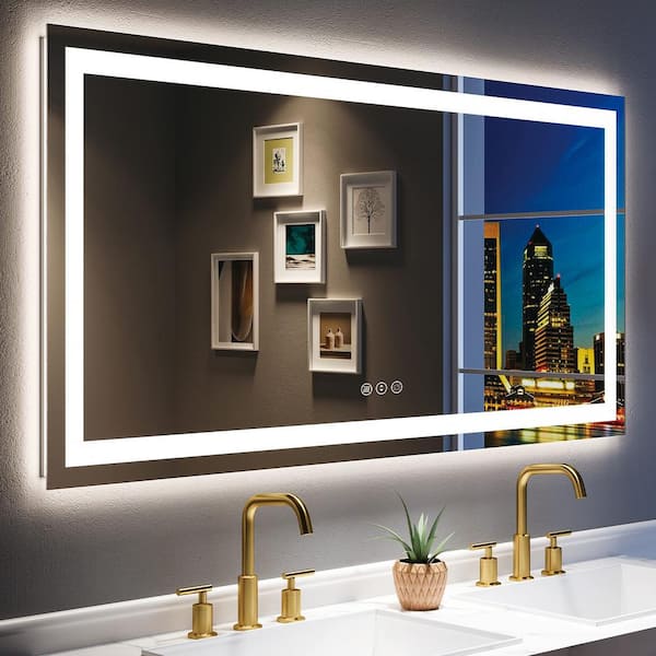 KIOTEE 60 in. W x 30 in. H Rectangular Frameless Front Back Lighted Anti-Fog Wall Bathroom Vanity Mirror, Tempered Glass, ETL