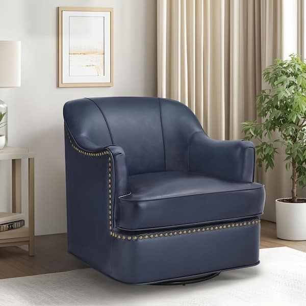 Fazio Navy Genuine Leather Curved Back Swivel Accent Arm Chair with Nailhead Trims and Metal Base