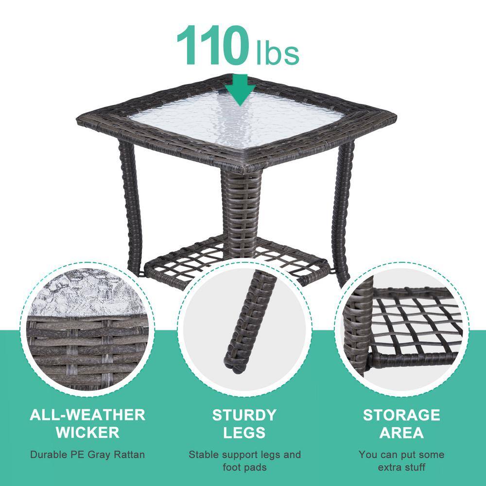 Gray Wicker Outdoor End Table with Glass Top and Storage Shelf