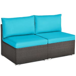 Brown Metal Outdoor Lounge Chair with Blue Removable Cushions (2-Pack)