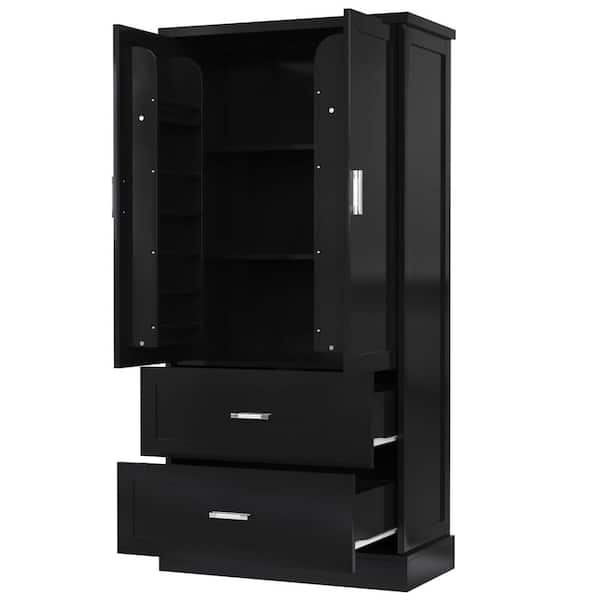 31.3 in. W x 16 in. D x 64 in. H Black MDF Bathroom Linen Cabinet with 2-Doors and Drawers, Adjustable Shelf