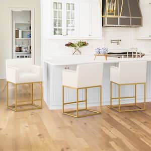 Hampton 26 in. Beige Modern Linen Upholstered Bar Stool Square Gold Metal Frame Counter Height Bar Stool (Set of 3)